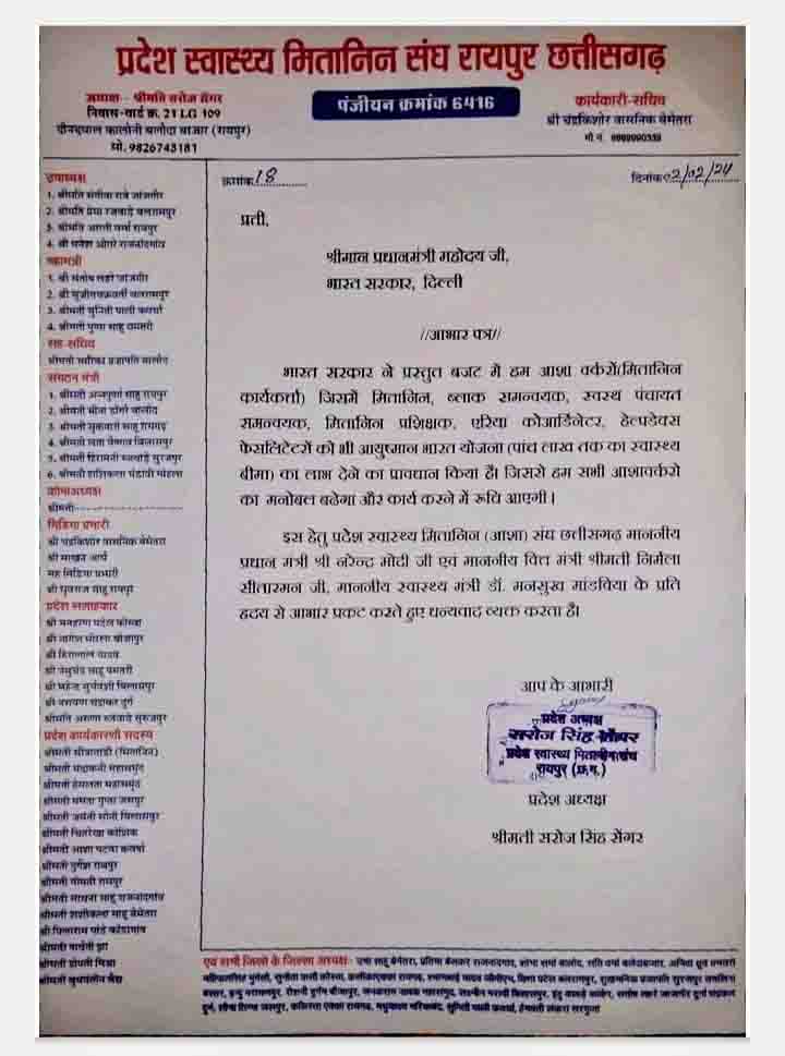छत्तीसगढ़ स्वास्थ्य मितानिन संघ ने प्रधानमंत्री नरेंद्र मोदी को लिखा पत्र