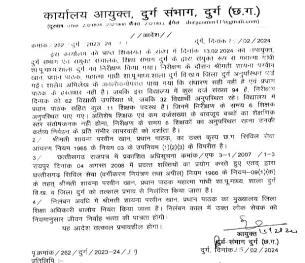 निरीक्षण के दौरान नदारद मिली प्रधान पाठिका और 6 शिक्षक, संभाग कमिश्नर ने किया सस्पेंड