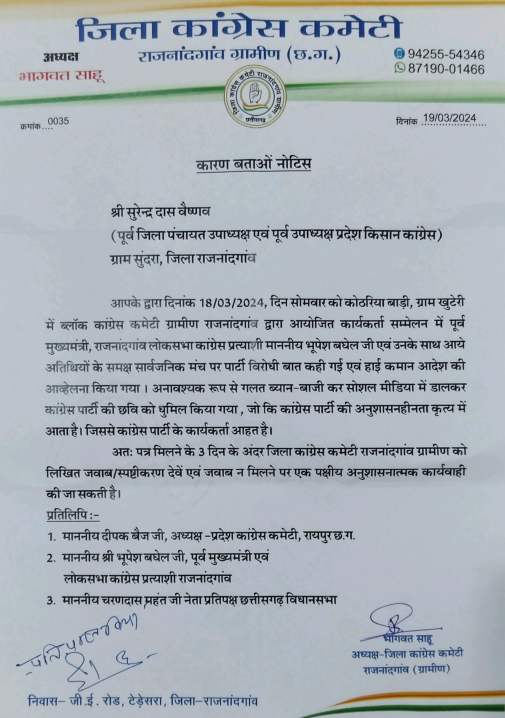 भूपेश बघेल के खिलाफ बयानबाजी मामला : कांग्रेस ने सुरेंद्र दाऊ को थमाया नोटिस, तीन दिन में मांगा जवाब