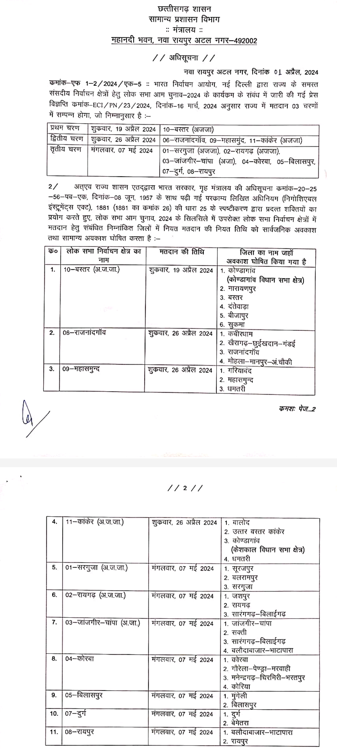 लोकसभा चुनाव के लिए छुट्टी की घोषणा