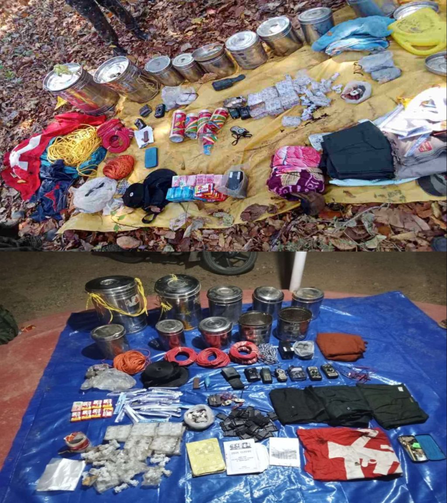 जंगल में पुलिस ने ध्वस्त किया नक्सलियों का कैंप, बड़ी मात्रा में विस्फोटक, नक्सली बैनर और वर्दी बरामद