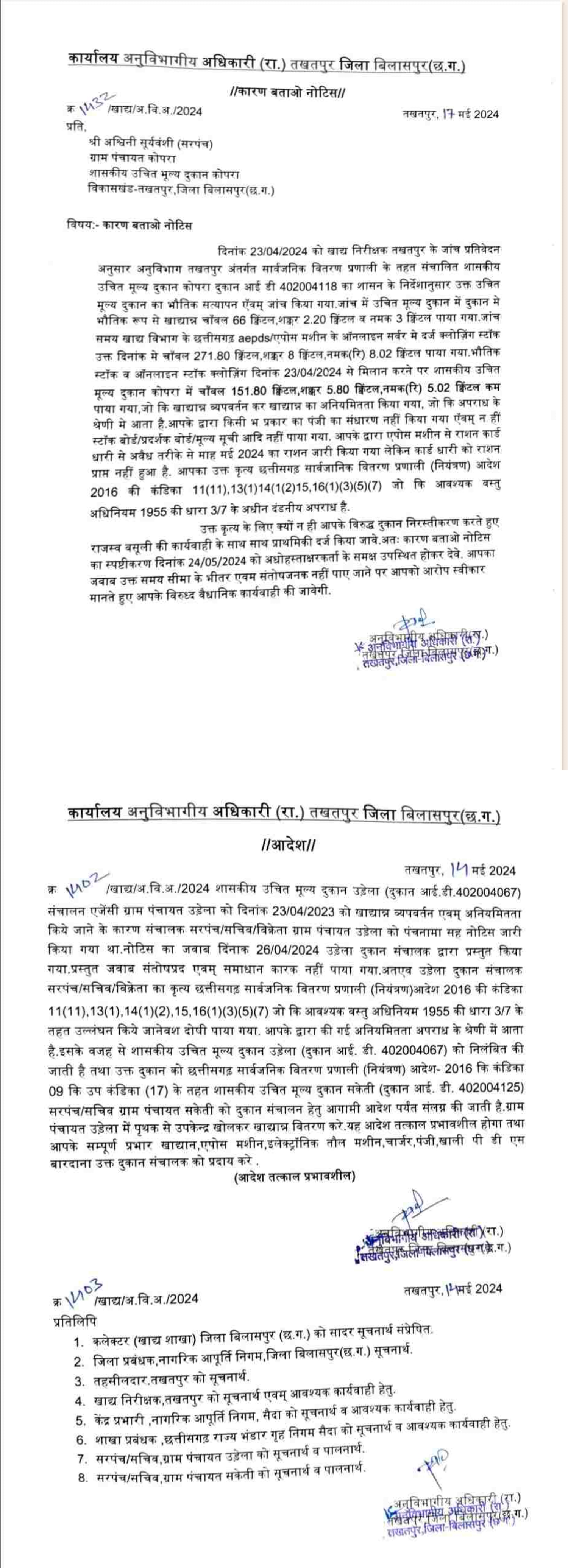 सरकारी राशन दुकानों में हजारों क्विंटल चावल की कमी, एसडीएम ने 11 संचालकों को थमाया नोटिस