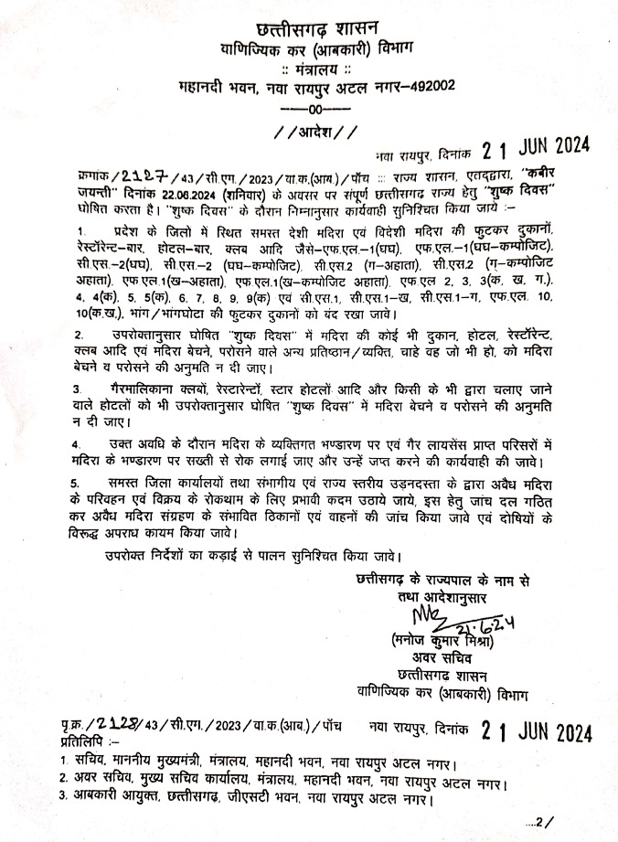 छत्तीसगढ़ में कल शराब दुकानें रहेगी बंद, राज्य सरकार ने जारी किया आदेश