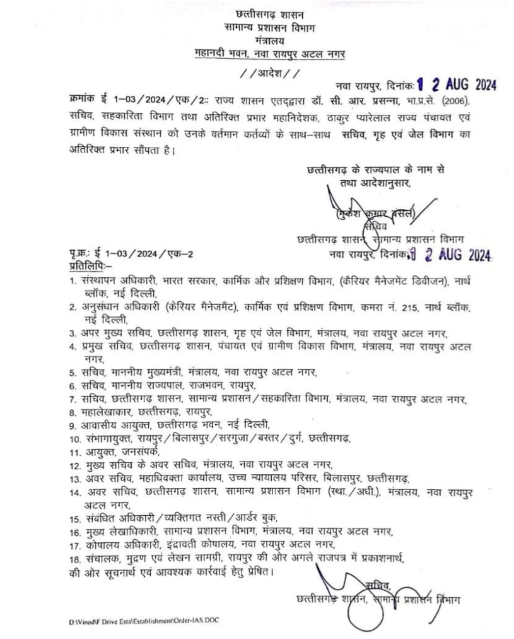 सीआर प्रसन्ना को सचिव गृह एवं जेल विभाग का एडिश्नल चार्ज