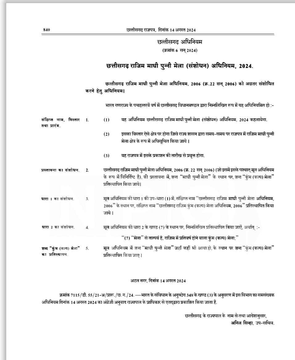 राजिम पुन्नी मेला का नाम फिर बदला, अब इस नाम से जाना जाएगा, राज्यपाल ने संशोधन विधेयक को दी मंजूरी