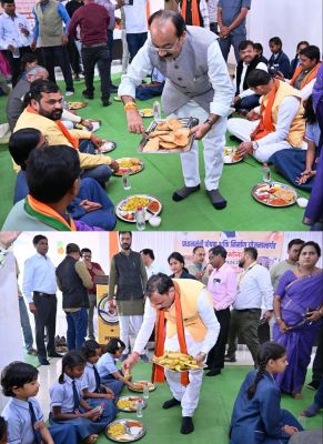 न्योता भोज में शामिल हुए उप मुख्यमंत्री अरुण साव और स्वास्थ्य मंत्री श्याम बिहारी जायसवाल