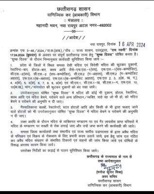 रामनवमी पर प्रदेशभर में बंद रहेंगी शराब दुकानें, आदेश जारी