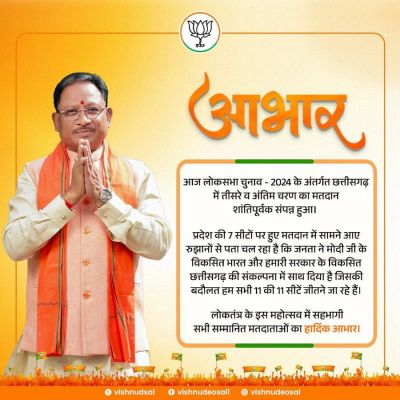 छत्तीसगढ़ की 7 सीटों सहित प्रदेश में चुनाव संपन्न, CM विष्णुदेव ने मतदाताओं का जताया आभार&hellip;