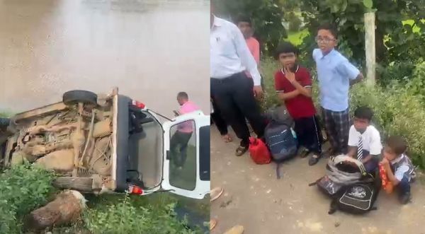 स्कूली बच्चों से भरी वैन नाले में गिरी