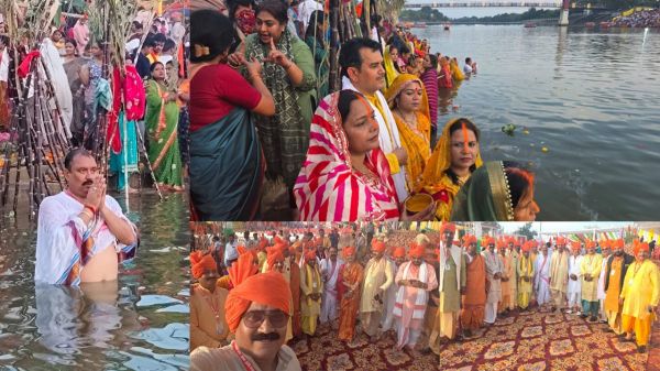 छठव्रतियों ने चार दिवसीय छठ महापर्व के तीसरे दिन महादेव घाट पर डूबते सूर्य को दिया अर्घ्य