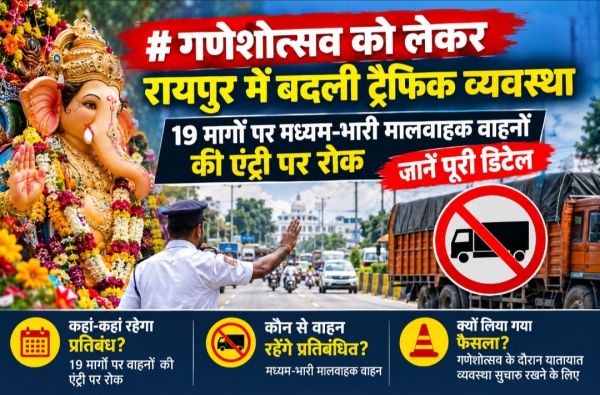 गणेशोत्सव को लेकर रायपुर में बदली ट्रैफिक व्यवस्था, 19 मार्गों पर मध्यम-भारी मालवाहक वाहनों की एंट्री पर रोक, जानें पूरी डिटेल