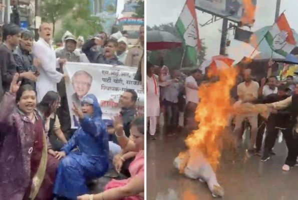 रायपुर में बारिश के बीच कांग्रेस का प्रदर्शन, निर्वाचन कार्यालय घेरने पहुंचे कार्यकर्ता